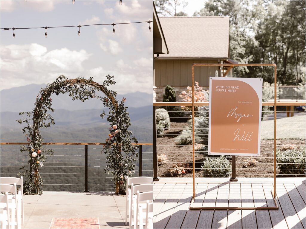 arbor covered in loose greenery and ceremony sign
