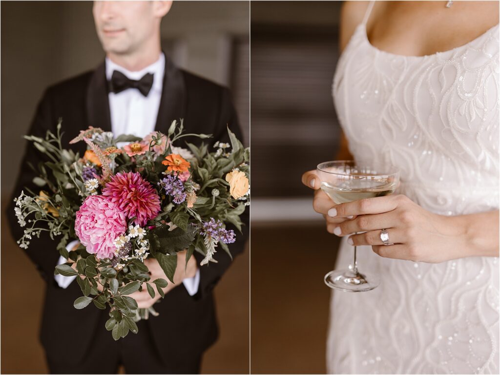 groom holding colorful wedding bouquet and bride holding champagne glass