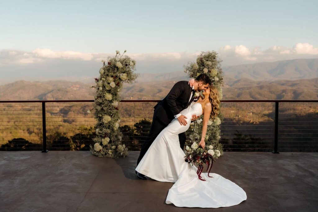 Couple embracing during golden hour at The Trillium, a luxury Smoky Mountain wedding venue