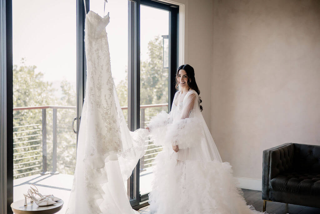 Black and White Wedding Bridal Suite Wedding Dress and Getting Ready Robe, Wedding Shoes