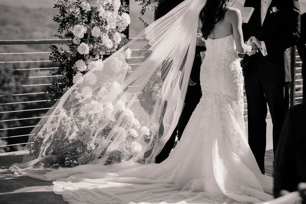 Black and White destination wedding, cross arbor, wedding ceremony in the mountains, white wedding florals 